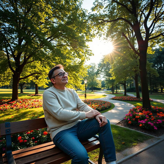 A man wearing glasses sitting on a wooden bench in a serene park surrounded by lush green trees and colorful flowers