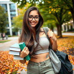 A fashionable brunette college girl with long flowing hair and glasses, playfully adjusting her crop top outdoors on a vibrant university campus
