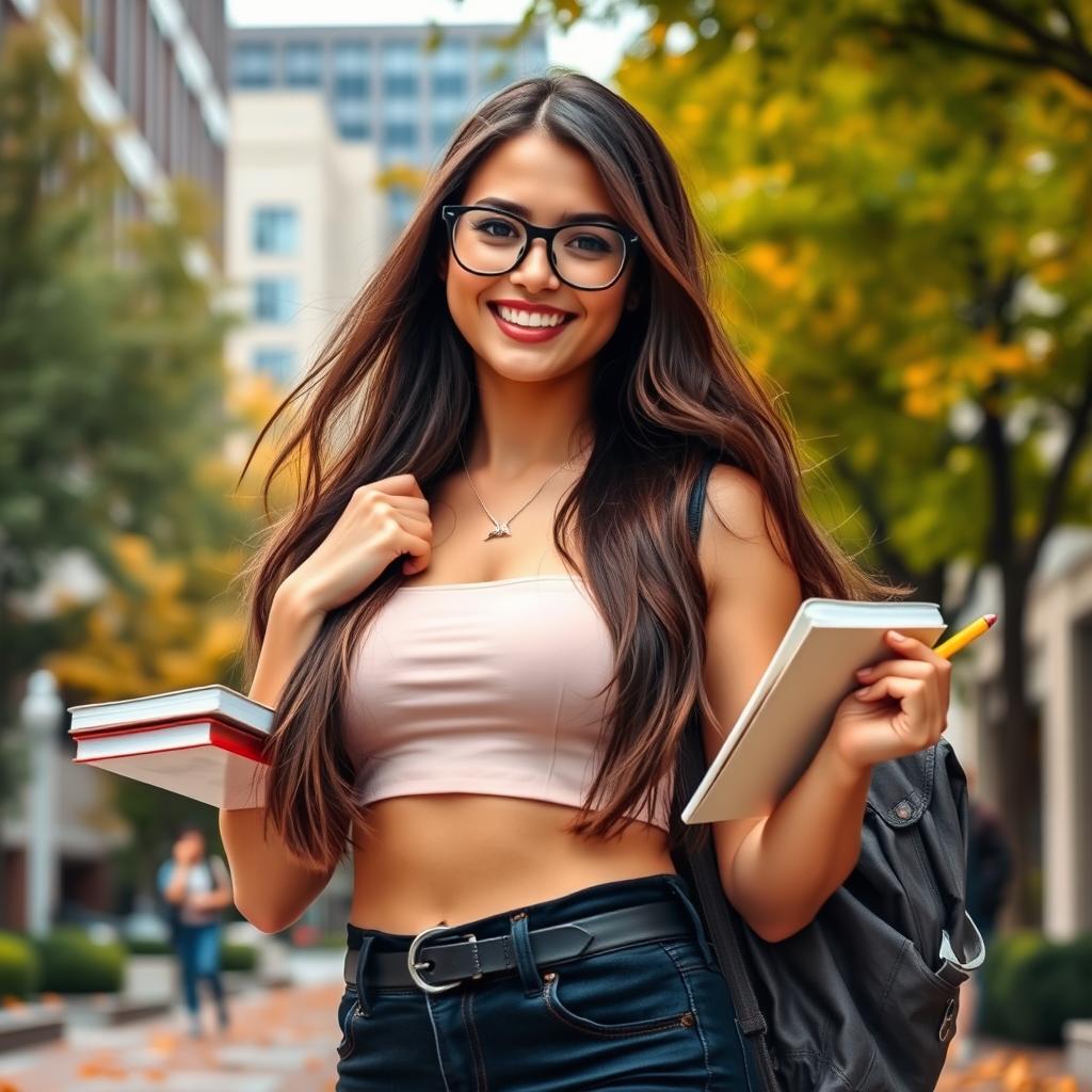 A fashionable brunette college girl with long flowing hair and glasses, playfully adjusting her crop top outdoors on a vibrant university campus