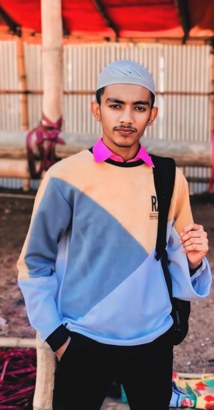 A young man posing confidently, wearing a stylish color-blocked sweatshirt with shades of blue, beige, and pink