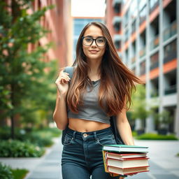A stylish brunette college girl with green eyes and glasses, playfully standing outdoors in a vibrant university campus