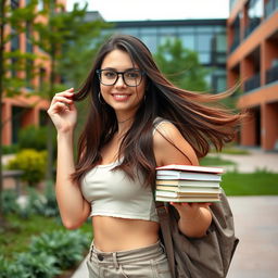 A stylish brunette college girl with green eyes and glasses, playfully standing outdoors in a vibrant university campus