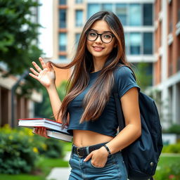 A stylish brunette college girl with green eyes and glasses, playfully standing outdoors in a vibrant university campus