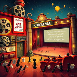 A whimsical scene titled 'Rayando a la Gutenberg', depicting a cinema designed for ants