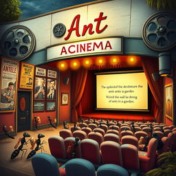 A whimsical scene titled 'Rayando a la Gutenberg', depicting a cinema designed for ants