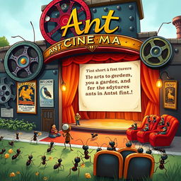 A whimsical scene titled 'Rayando a la Gutenberg', depicting a cinema designed for ants