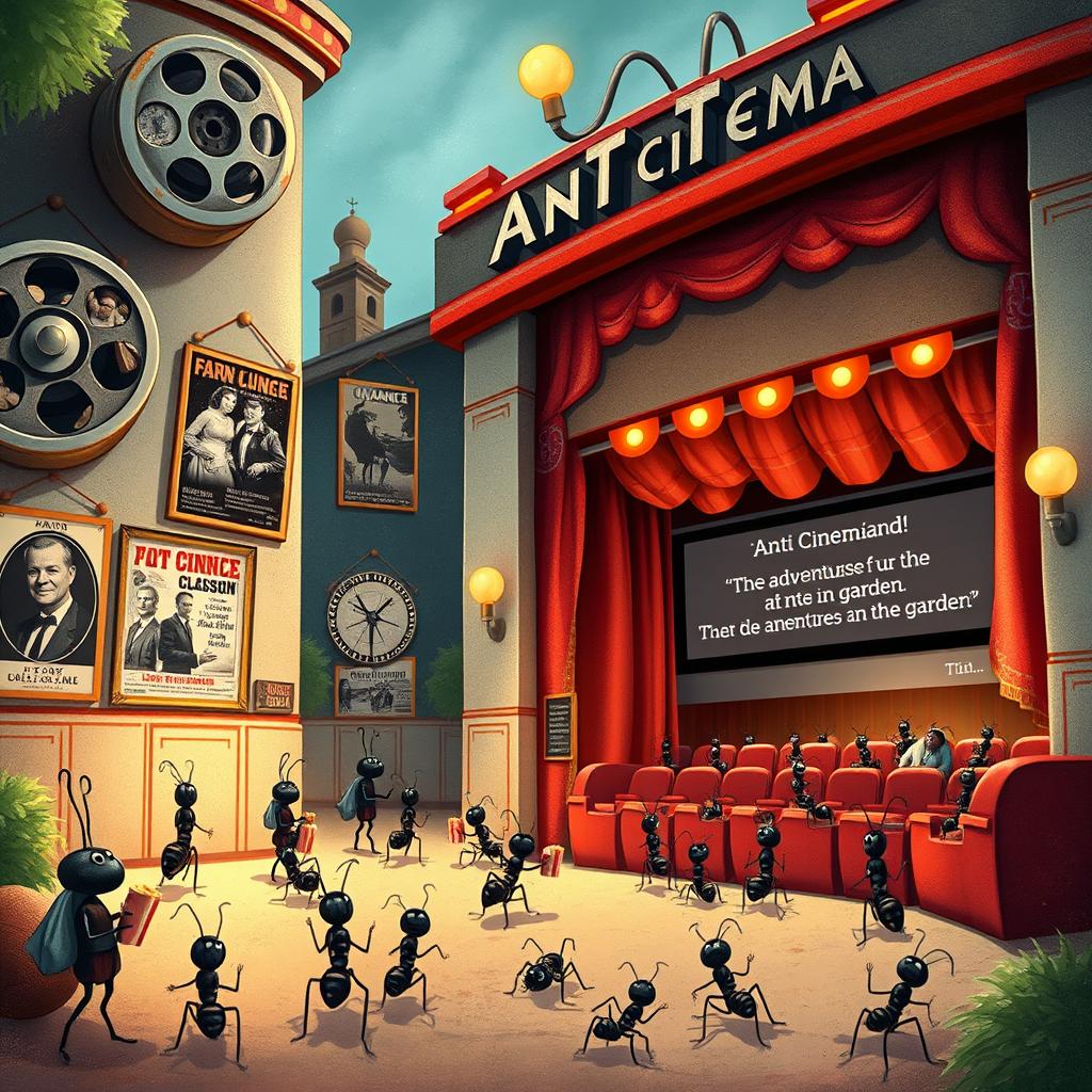 A whimsical scene titled 'Rayando a la Gutenberg', depicting a cinema designed for ants