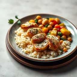 A beautifully styled plate of Arabic chicken maftoul served alongside a vibrant vegetable stew with potatoes and chickpeas