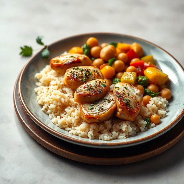 A beautifully styled plate of Arabic chicken maftoul served alongside a vibrant vegetable stew with potatoes and chickpeas