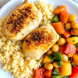 A beautifully styled plate of Arabic chicken maftoul served alongside a vibrant vegetable stew with potatoes and chickpeas
