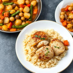 A beautifully styled plate of Arabic chicken maftoul served alongside a vibrant vegetable stew with potatoes and chickpeas