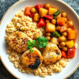 A beautifully styled plate of Arabic chicken maftoul served alongside a vibrant vegetable stew with potatoes and chickpeas