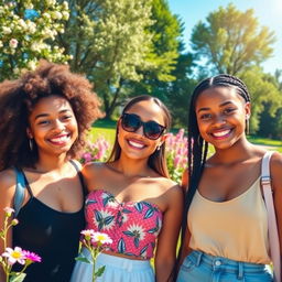 A vibrant and colorful portrait of beautiful young women enjoying a sunny day in a lush park, surrounded by blooming flowers and greenery