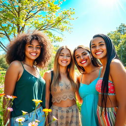 A vibrant and colorful portrait of beautiful young women enjoying a sunny day in a lush park, surrounded by blooming flowers and greenery