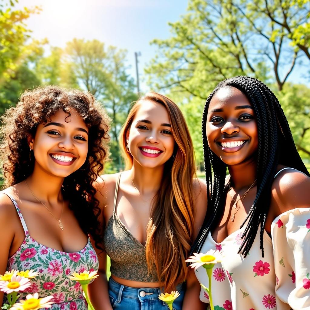 A vibrant and colorful portrait of beautiful young women enjoying a sunny day in a lush park, surrounded by blooming flowers and greenery