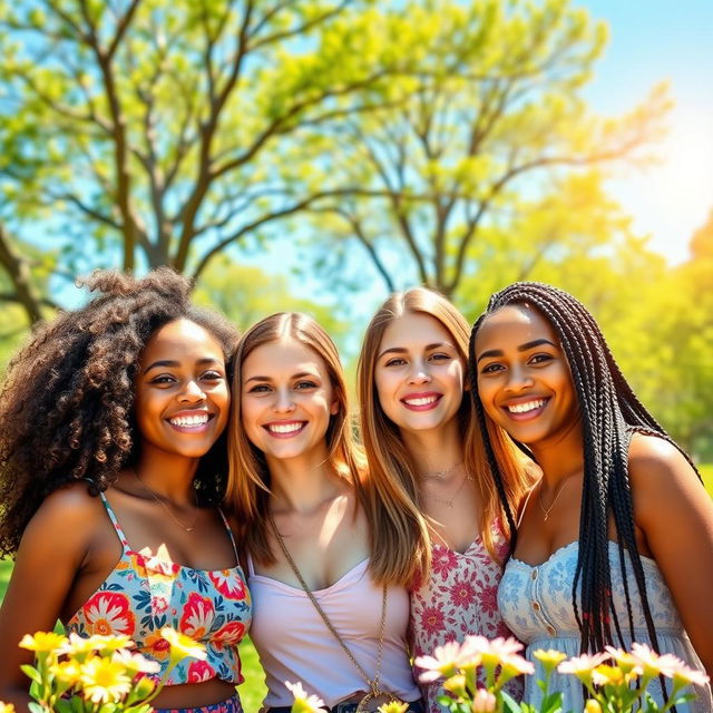 A vibrant and colorful portrait of beautiful young women enjoying a sunny day in a lush park, surrounded by blooming flowers and greenery