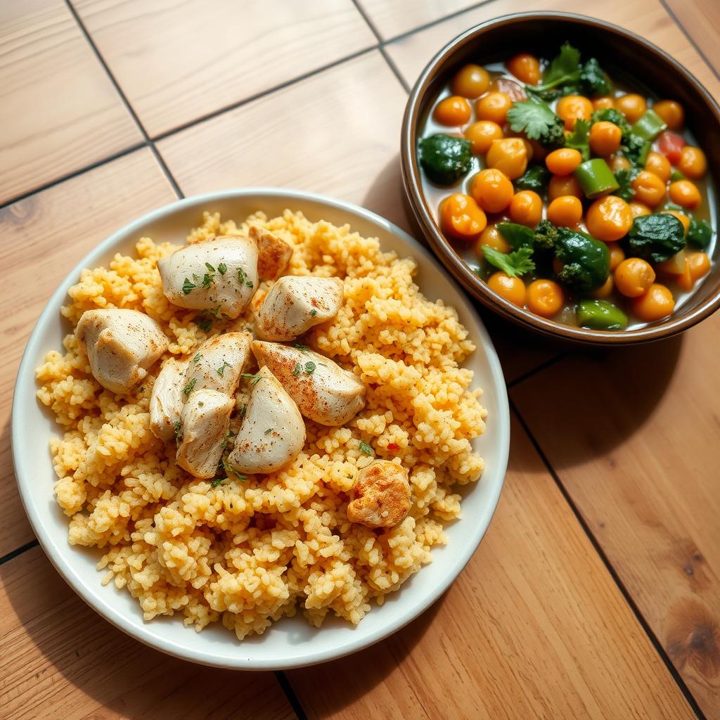 A beautifully arranged plate of chicken couscous, garnished with herbs and spices, alongside a vibrant bowl of vegetable stew containing potatoes and chickpeas