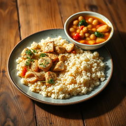 A beautifully arranged plate of chicken couscous, garnished with herbs and spices, alongside a vibrant bowl of vegetable stew containing potatoes and chickpeas