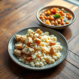 A beautifully arranged plate of chicken couscous, garnished with herbs and spices, alongside a vibrant bowl of vegetable stew containing potatoes and chickpeas