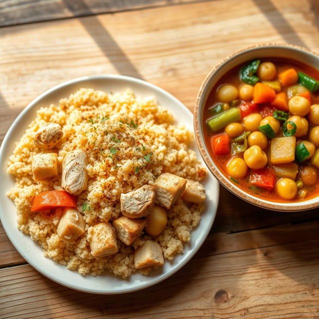 A beautifully arranged plate of chicken couscous, garnished with herbs and spices, alongside a vibrant bowl of vegetable stew containing potatoes and chickpeas