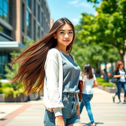 A confident brunette college girl with long flowing hair and vibrant green eyes, standing in a lively university setting with modern buildings and lush greenery around her
