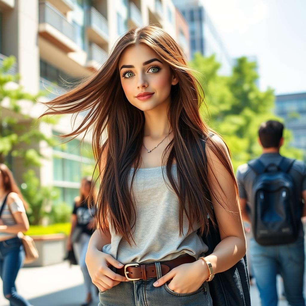 A confident brunette college girl with long flowing hair and vibrant green eyes, standing in a lively university setting with modern buildings and lush greenery around her