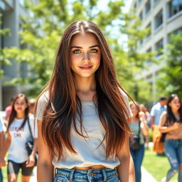 A confident brunette college girl with long flowing hair and vibrant green eyes, standing in a lively university setting with modern buildings and lush greenery around her