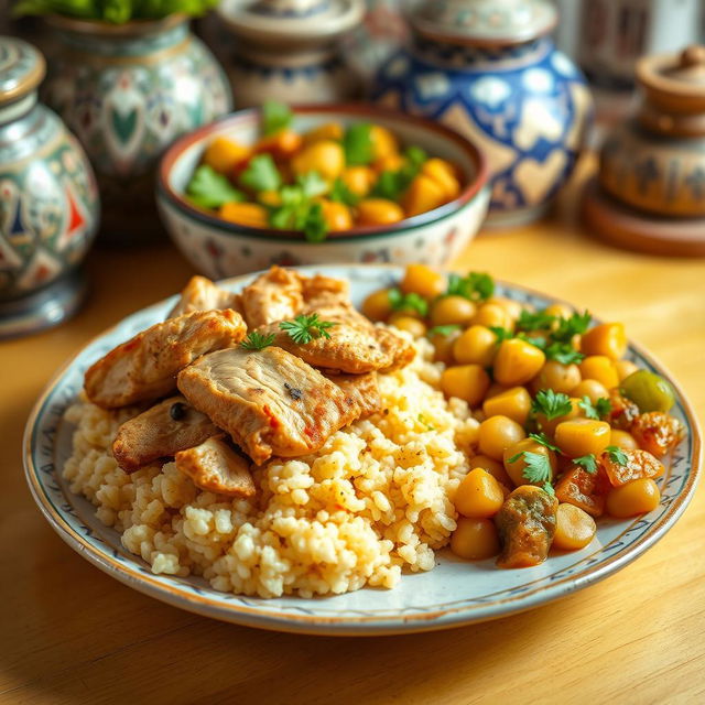 A beautifully presented plate of Palestinian chicken maftoul, featuring tender, spiced chicken served over fluffy couscous-like maftoul grains