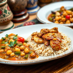 A beautifully presented plate of Palestinian chicken maftoul, featuring tender, spiced chicken served over fluffy couscous-like maftoul grains