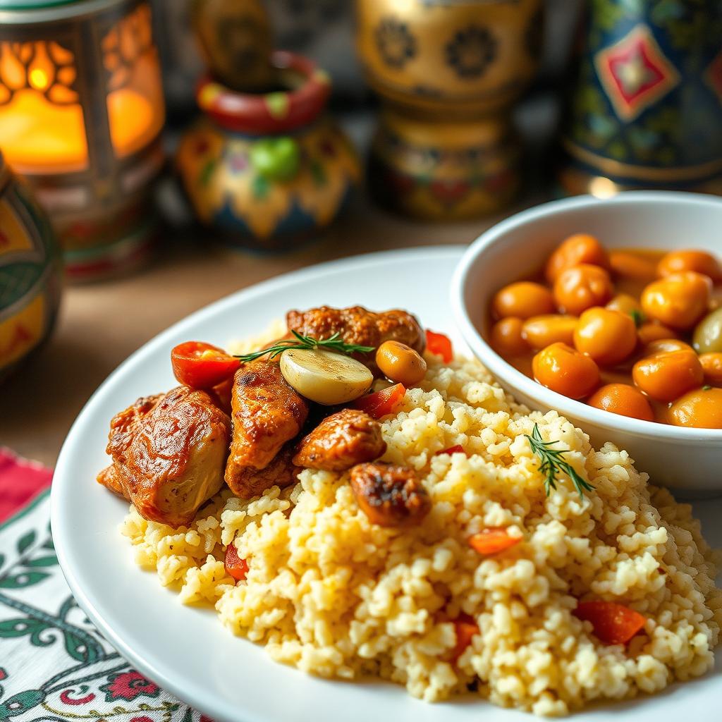 A beautifully presented plate of Palestinian chicken maftoul, featuring tender, spiced chicken served over fluffy couscous-like maftoul grains