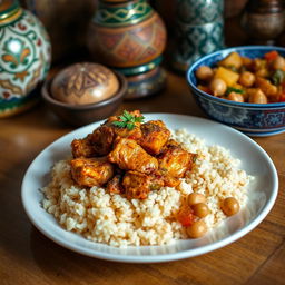 A beautifully presented plate of Palestinian chicken maftoul, featuring tender, spiced chicken served over fluffy couscous-like maftoul grains