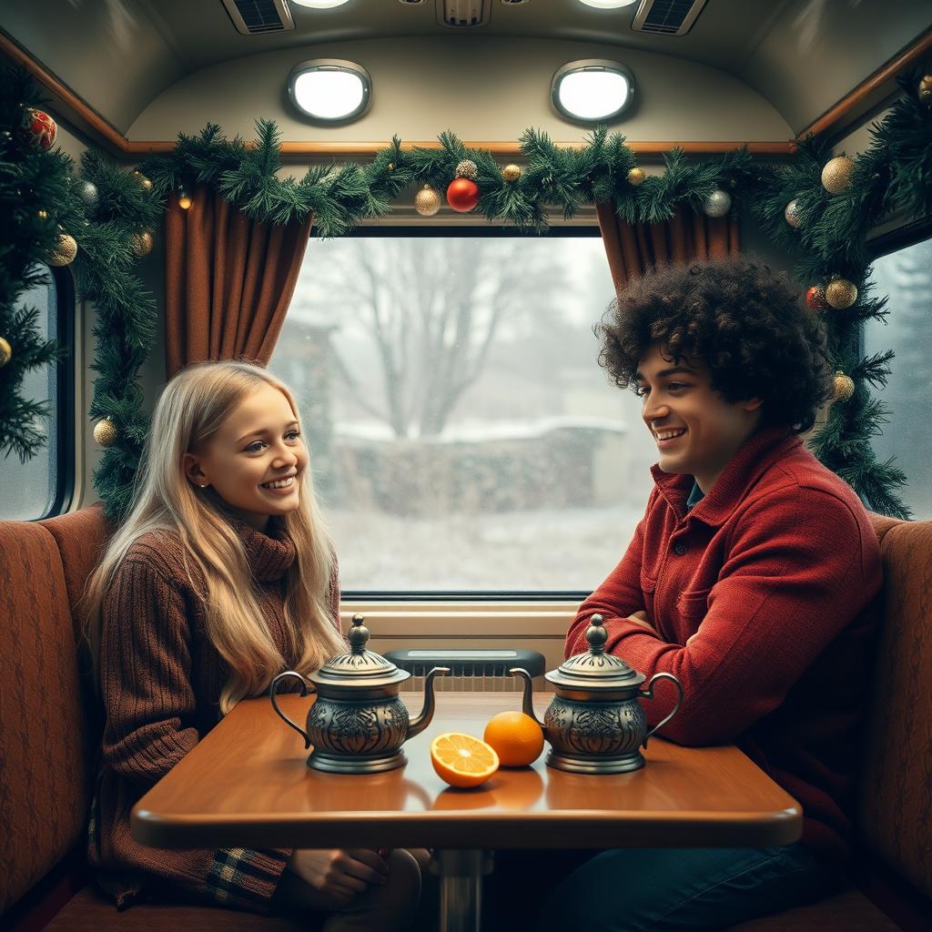 A cozy scene inside a Russian train carriage, featuring a blonde girl and a curly-haired dark-haired guy seated opposite each other