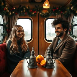 A cozy scene inside a Russian train carriage, featuring a blonde girl and a curly-haired dark-haired guy seated opposite each other