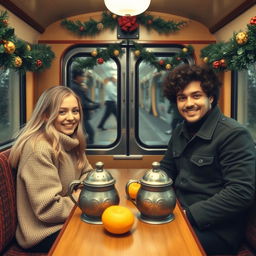 A cozy scene inside a Russian train carriage, featuring a blonde girl and a curly-haired dark-haired guy seated opposite each other