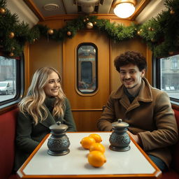 A cozy scene inside a Russian train carriage, featuring a blonde girl and a curly-haired dark-haired guy seated opposite each other