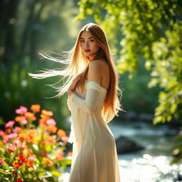 A serene and artistic portrayal of a confident woman with long flowing hair, standing gracefully in a natural setting surrounded by soft, diffused sunlight filtering through lush greenery