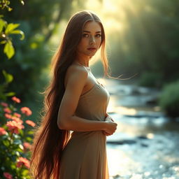 A serene and artistic portrayal of a confident woman with long flowing hair, standing gracefully in a natural setting surrounded by soft, diffused sunlight filtering through lush greenery