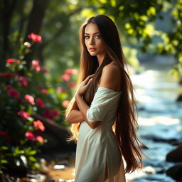 A serene and artistic portrayal of a confident woman with long flowing hair, standing gracefully in a natural setting surrounded by soft, diffused sunlight filtering through lush greenery