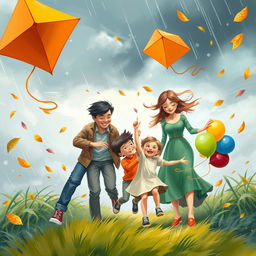 A serene yet empowering scene depicting a family navigating through a metaphorical storm while guiding a hyperactive child