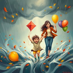 A serene yet empowering scene depicting a family navigating through a metaphorical storm while guiding a hyperactive child