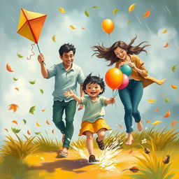 A serene yet empowering scene depicting a family navigating through a metaphorical storm while guiding a hyperactive child