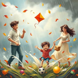 A serene yet empowering scene depicting a family navigating through a metaphorical storm while guiding a hyperactive child