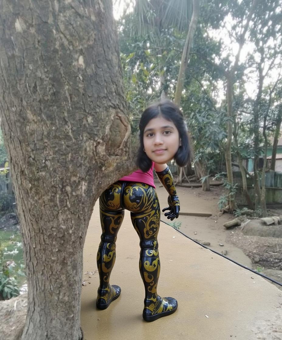 A young woman standing beside a large tree in a serene outdoor setting