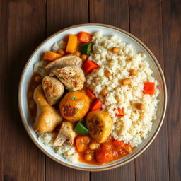 A beautifully arranged plate of Palestinian Chicken Couscous, featuring tender chicken pieces garnished with herbs and spices, served alongside a vibrant dish of vegetable stew containing colorful carrots, zucchini, potatoes, and chickpeas