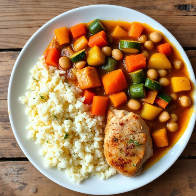 A beautifully arranged plate of Palestinian Chicken Couscous, featuring tender chicken pieces garnished with herbs and spices, served alongside a vibrant dish of vegetable stew containing colorful carrots, zucchini, potatoes, and chickpeas