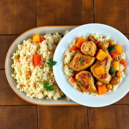 A beautifully arranged plate of Palestinian Chicken Couscous, featuring tender chicken pieces garnished with herbs and spices, served alongside a vibrant dish of vegetable stew containing colorful carrots, zucchini, potatoes, and chickpeas