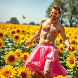 A man wearing a pink skirt dancing joyfully in a vibrant sunflower field, surrounded by blooming sunflowers, with a buzzing bee flying around him