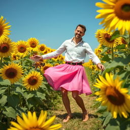 A man wearing a pink skirt dancing joyfully in a vibrant sunflower field, surrounded by blooming sunflowers, with a buzzing bee flying around him