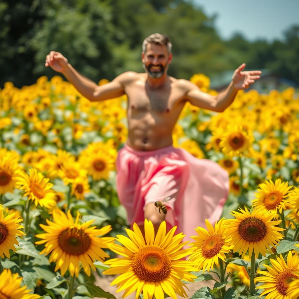 A man wearing a pink skirt dancing joyfully in a vibrant sunflower field, surrounded by blooming sunflowers, with a buzzing bee flying around him