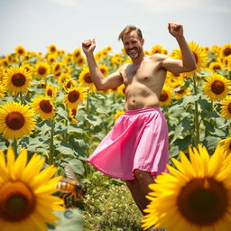 A man wearing a pink skirt dancing joyfully in a vibrant sunflower field, surrounded by blooming sunflowers, with a buzzing bee flying around him